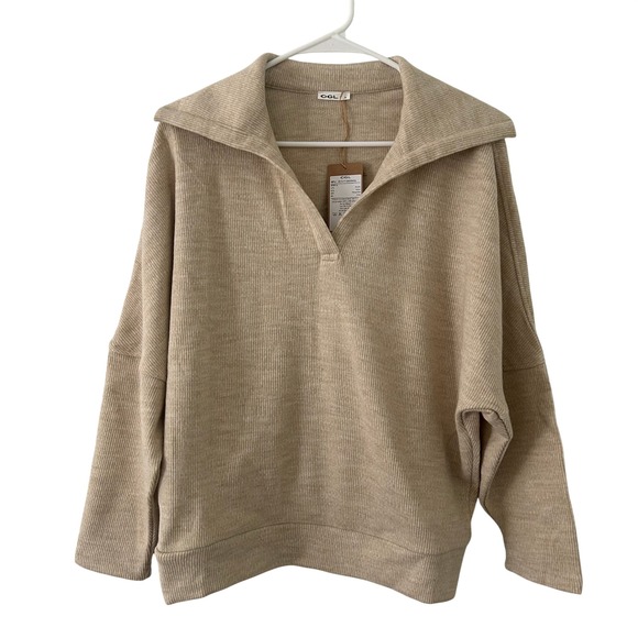 OGL Tan Ribbed Collared V-Neck Batwing Sleeve Pullover Top L Large New - Picture 2 of 7